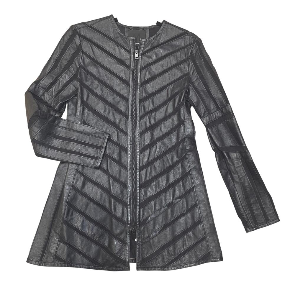 Mauritius Nanni black lambskin leather and mesh jacket in a chevron pattern sz 4